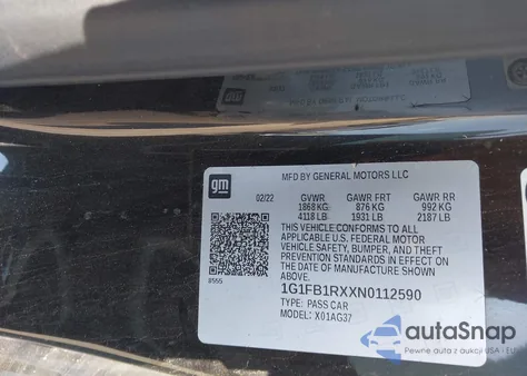 2022 Chevrolet Camaro Rwd 1Lt from USA, damaged, VIN 1G1FB1RXXN0112590